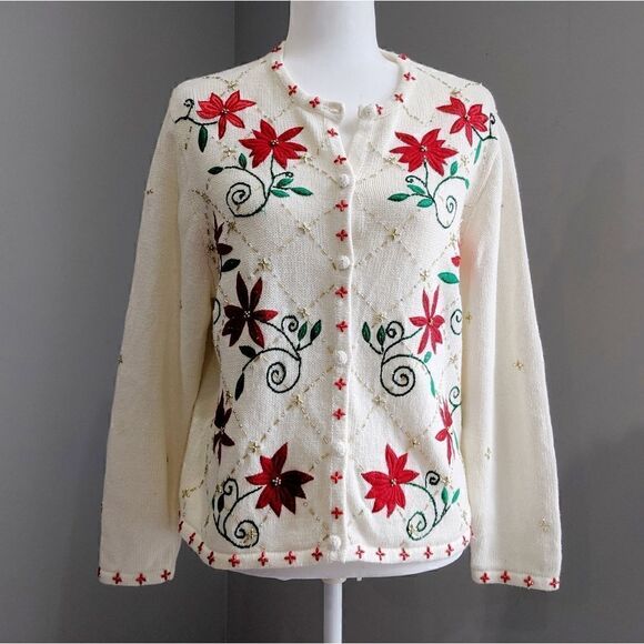 Ugly Christmas Beaded Embroidered Holiday Poinsettia Cardigan Size LP - Picture 1 of 8
